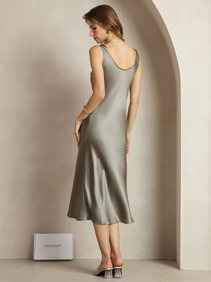 100% Mulberry Silk Sleeveless U Neck Midi Long Dress