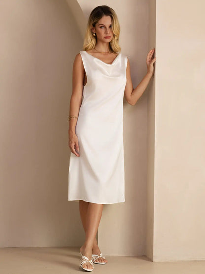 19Momme Silk Sleeveless Cowl Neck Knee Elegant Dress