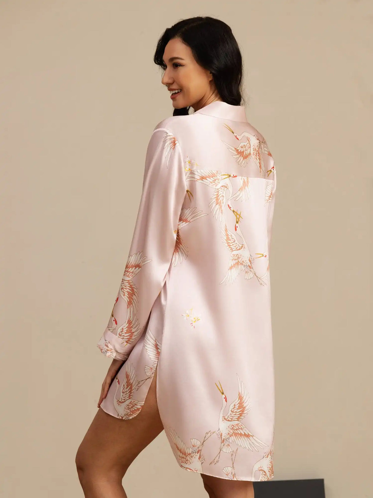 19Momme 100% Mulberry Silk Crane Print Nightshirt with High-Low Hem