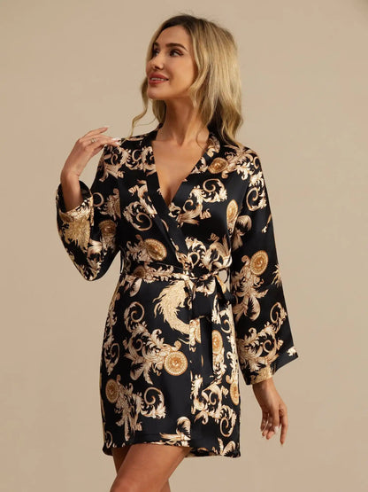 100% Mulberry Silk Dragon Print 3/4 Sleeve Women's Kimono Robe With Belt