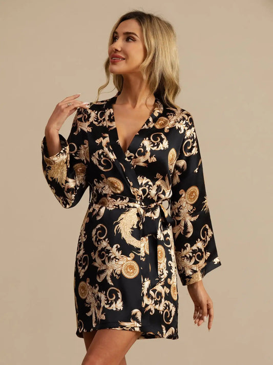 100% Mulberry Silk Dragon Print 3/4 Sleeve Women's Kimono Robe With Belt