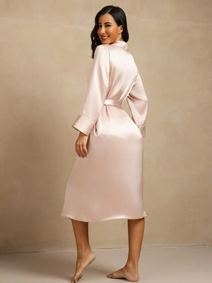 100% Mulberry Silk Belted Women's Long Lapel Robe with Pocket Design