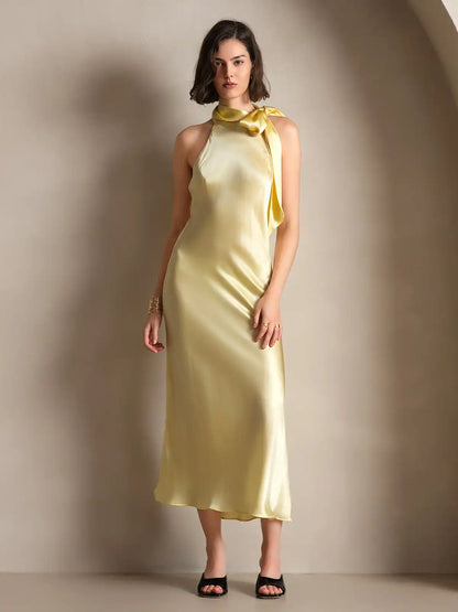 Clearance - 19Momme Silk Sleeveless Tie Neck Midi Dress