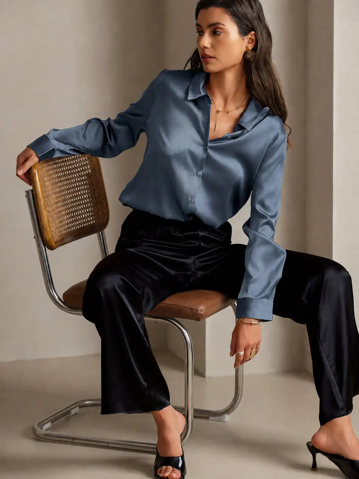 19Momme Silk Long Sleeve Lapel Collar Women's Shirt