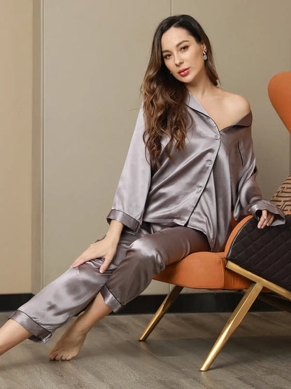 Clearance - Women's 100% Mulberry Silk Long Sleeve Lapel Collar Pajamas Set