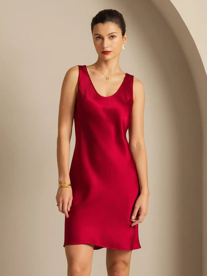 100% Mulberry Silk Casual Sleeveless U Neck Short Dress