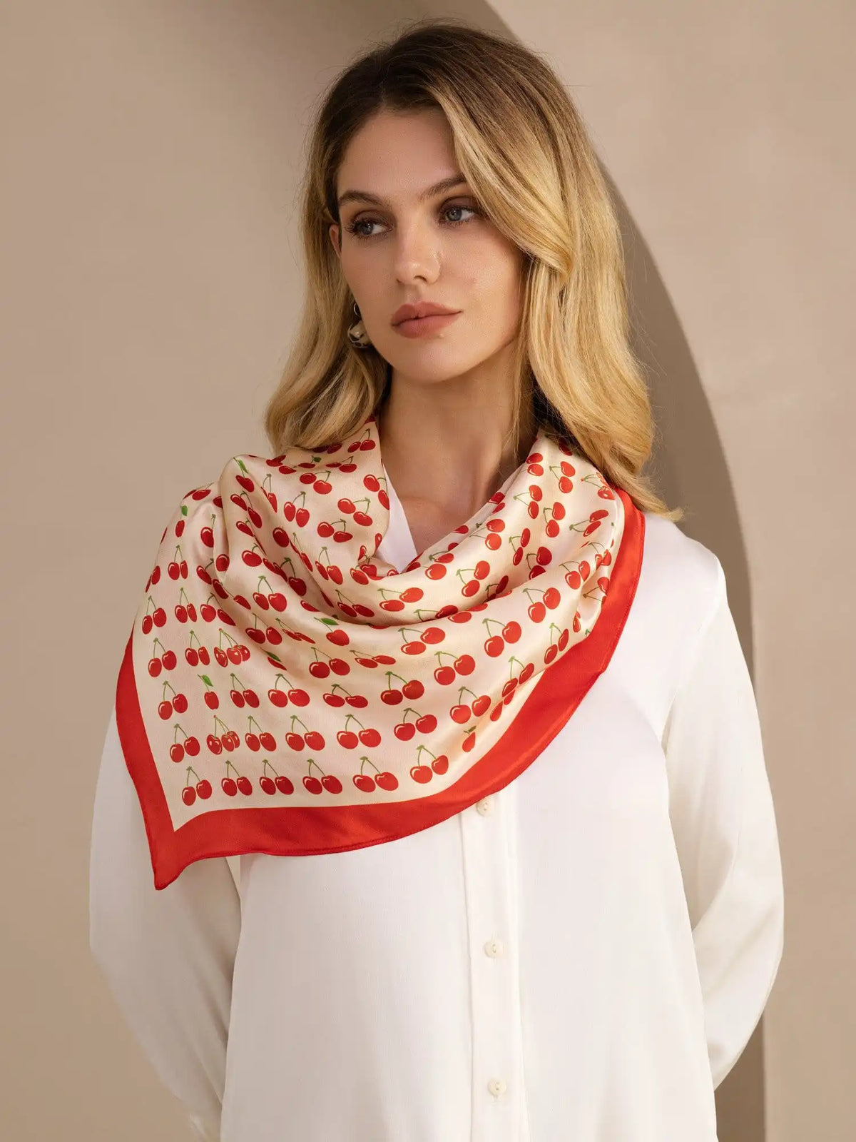 100% Mulberry Silk Cherry Pattern Scarf - Size 90x90cm