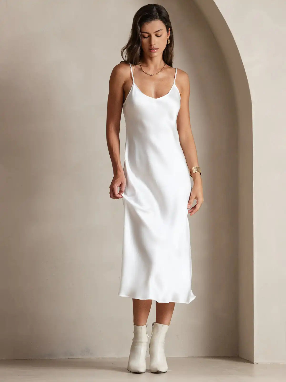100% Mulberry Silk Spaghetti Strap V Neck Midi Dress
