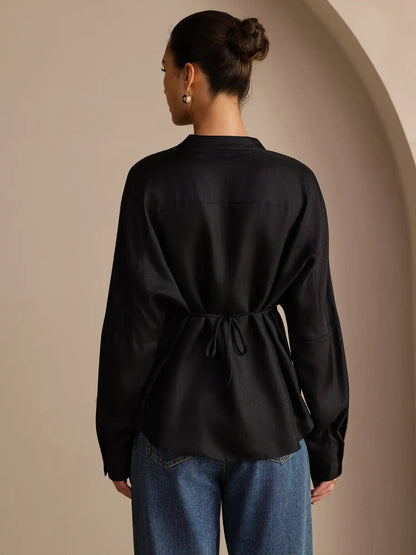 100% Mulberry Silk Women’s Split Neck Long Sleeve Blouse With Drawstring