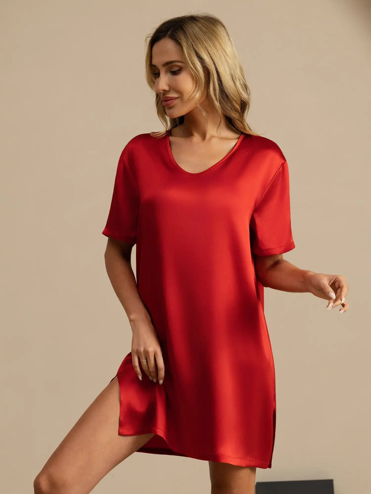 100% Mulberry Silk Half Sleeve V-neck Short Nightgown with Split Design