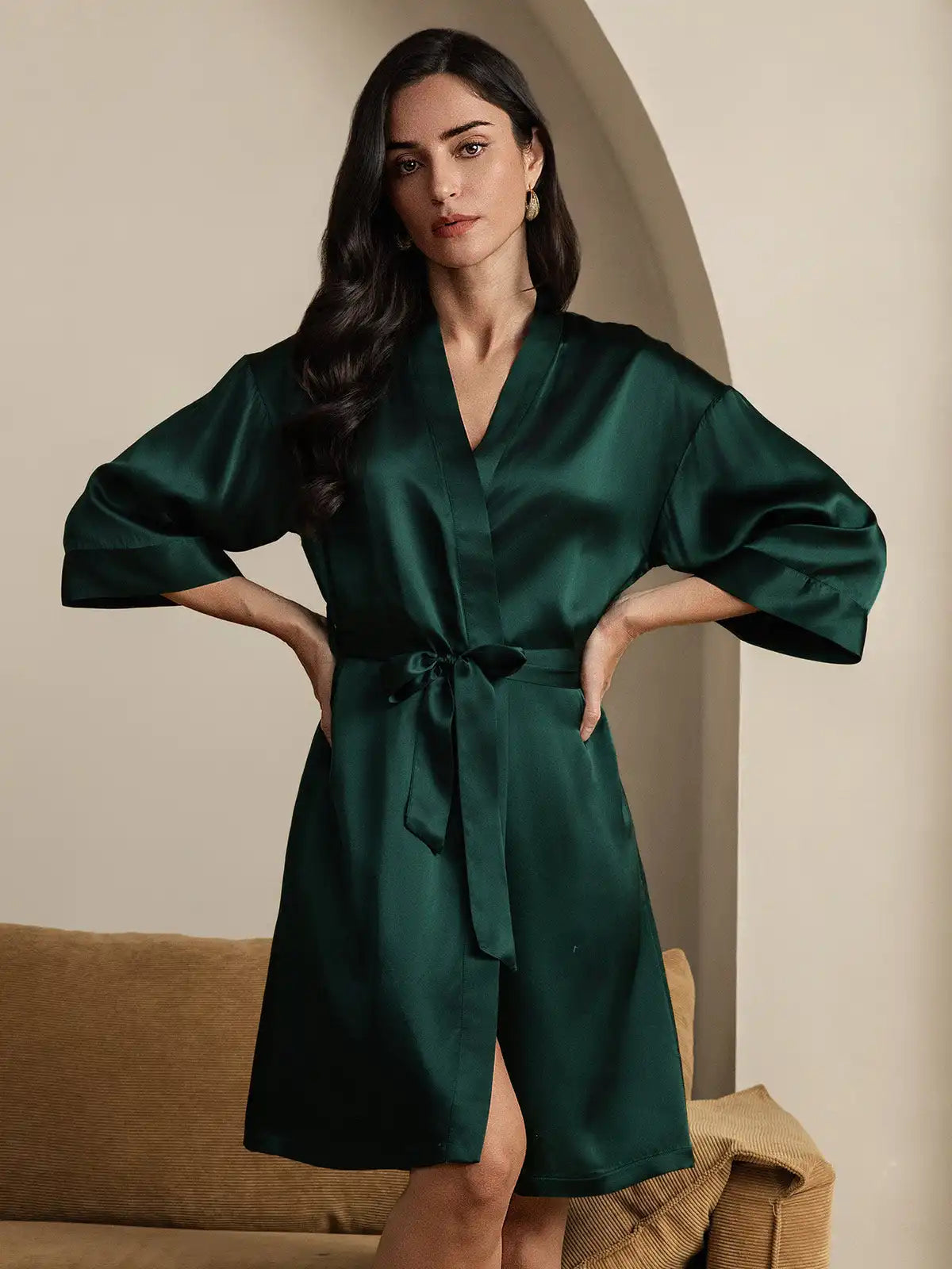 100% Mulberry Silk 3/4 Sleeve Women's Kimono Wrap Robe