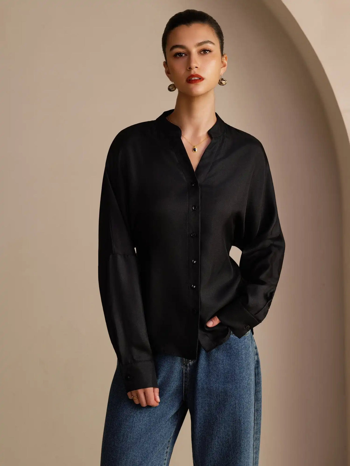 100% Mulberry Silk Women’s Split Neck Long Sleeve Blouse With Drawstring