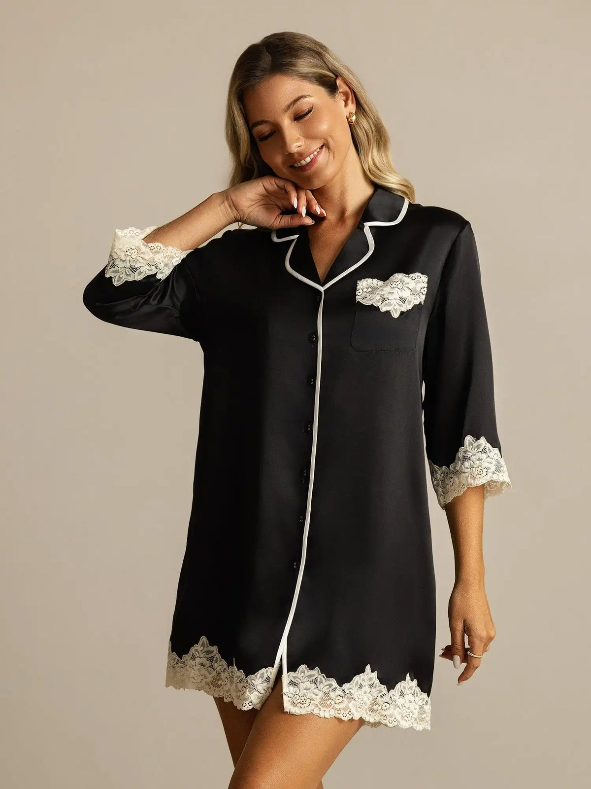 100% Mulberry Silk Button Up Nightshirt with Lace Design