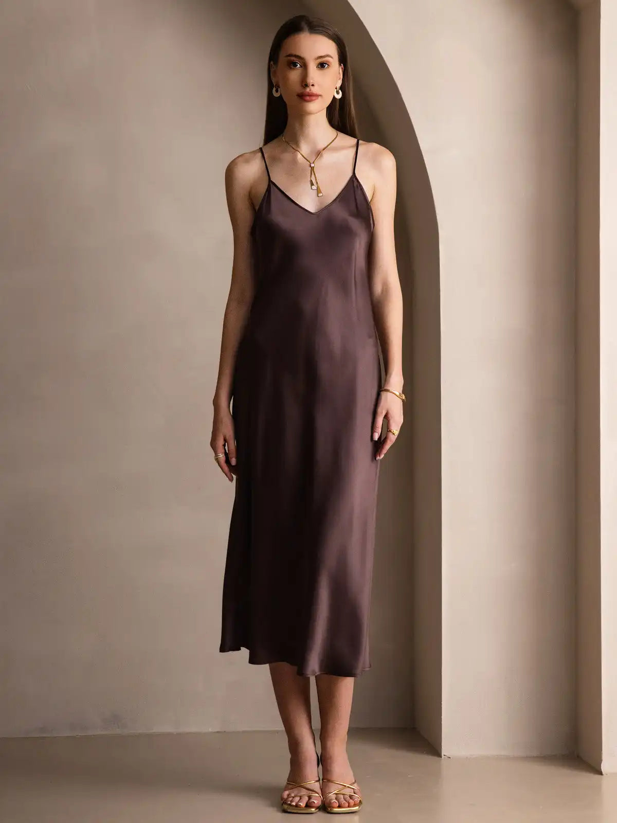 100% Mulberry Silk Spaghetti Strap V Neck Midi Dress
