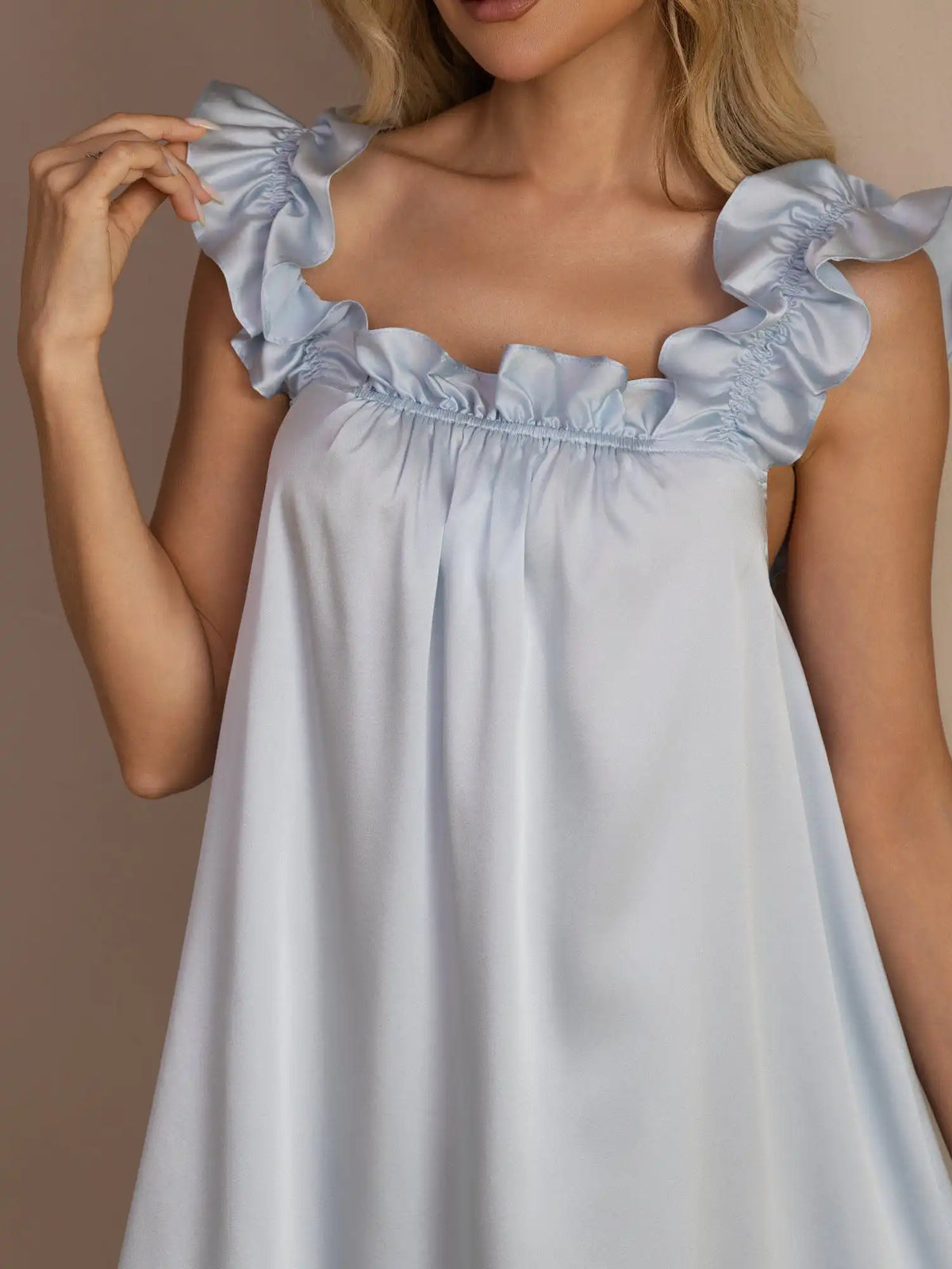 19Momme Silk Ruffle Strap Square Neck  Babydoll A-Line Short Nightgown