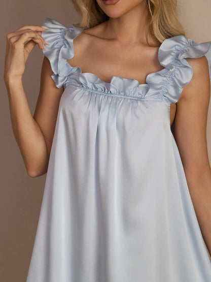 19Momme Silk Ruffle Strap Square Neck  Babydoll A-Line Short Nightgown