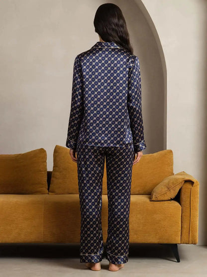 100% Mulberry Silk Chain Print Long Sleeve Lapel Collar Women's Pajamas Set