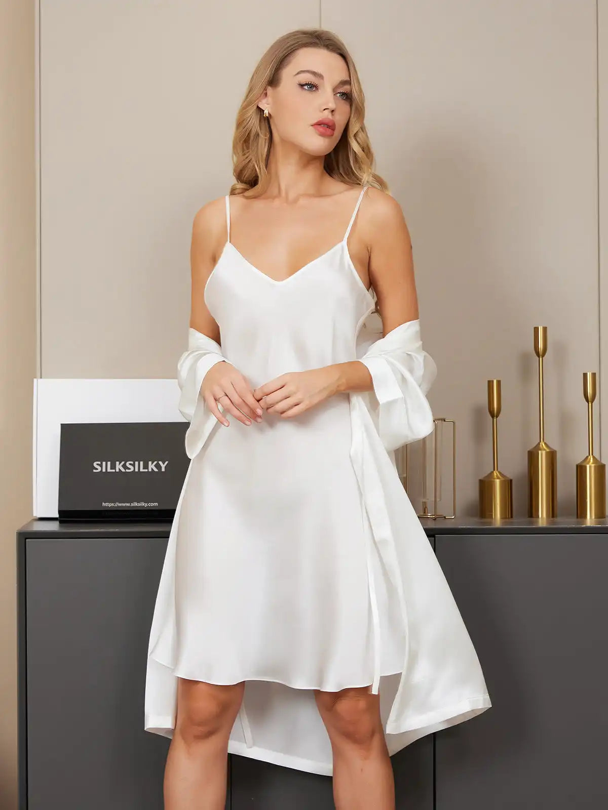 100% Mulberry Silk Kimono Robe & V‑Neck Nightgown Set