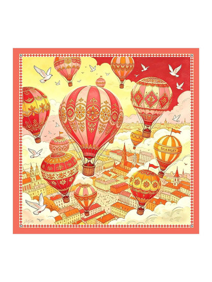 100% Mulberry Silk Hot Air Balloon Pattern Scarf - Size 90x90cm