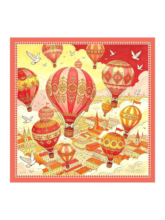 100% Mulberry Silk Hot Air Balloon Pattern Scarf - Size 90x90cm