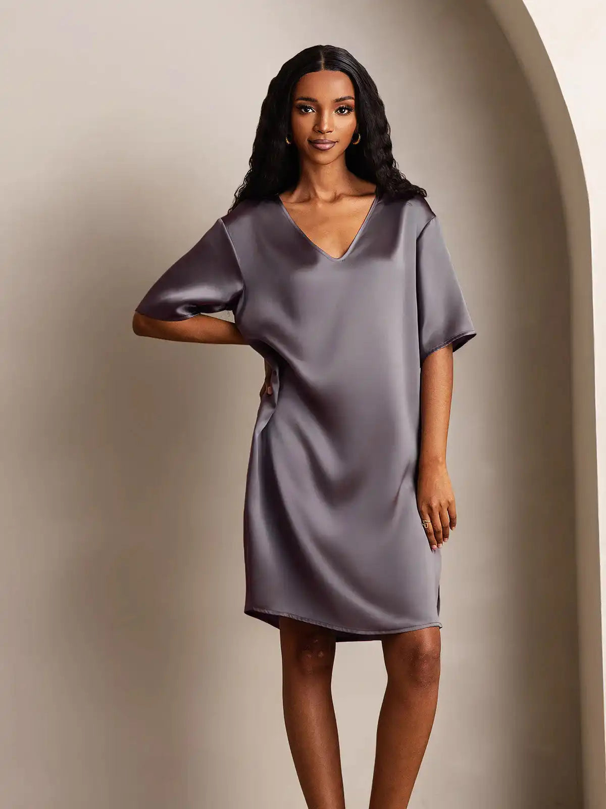 100% Mulberry Silk Half Sleeve V-neck Short Nightgown with Split Design