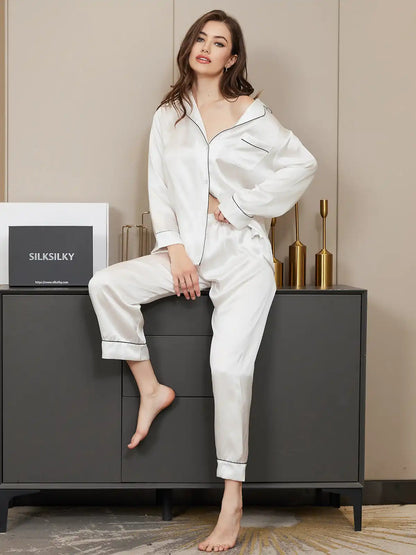 Women's 100% Mulberry Silk Long Sleeve Button Up Pajamas Set