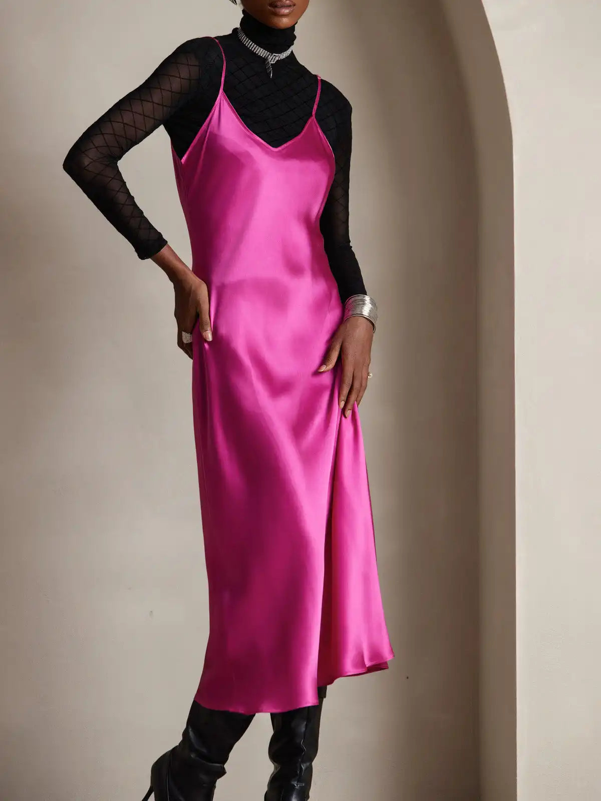 100% Mulberry Silk Spaghetti Strap Midi Long Dress