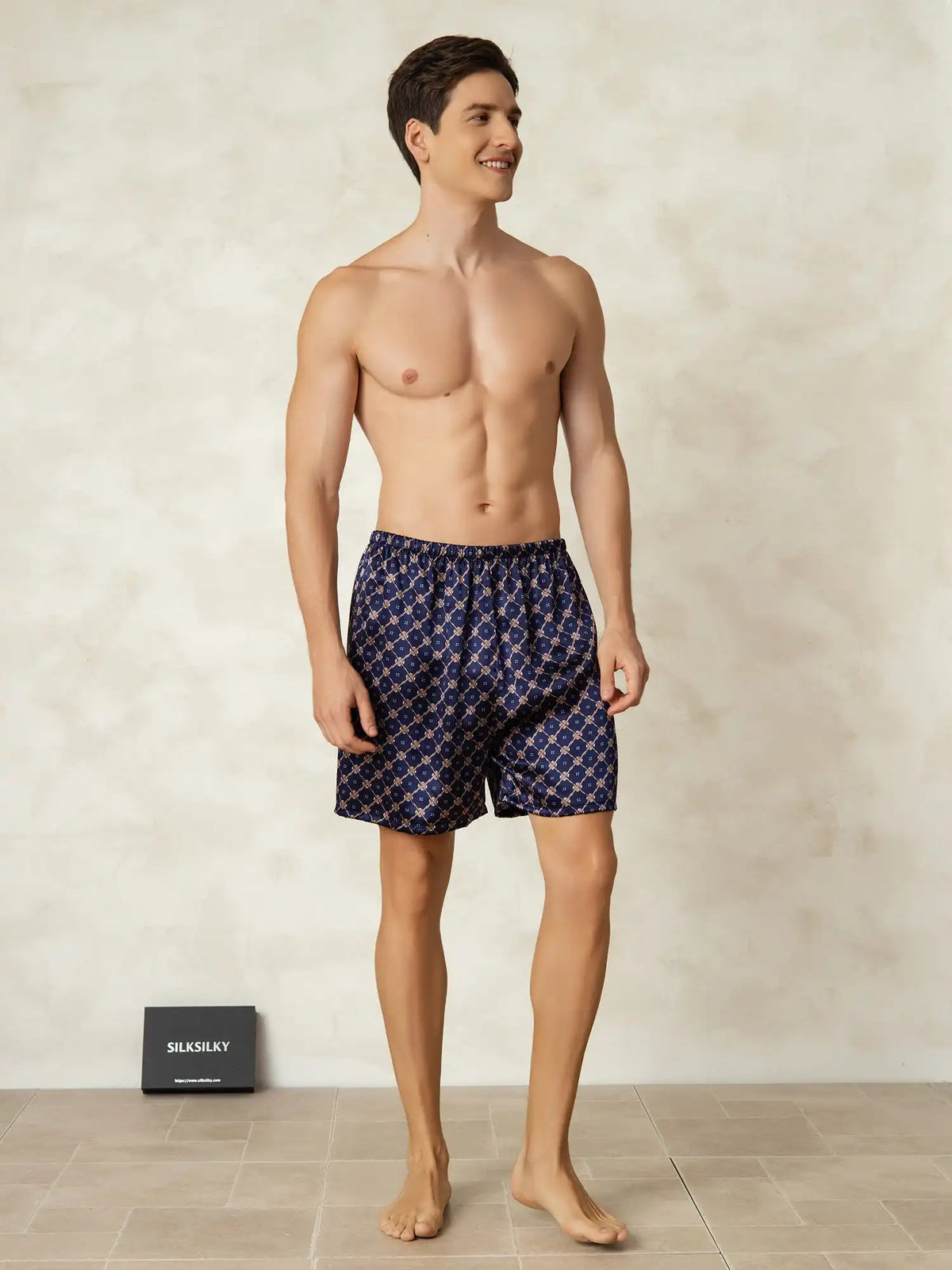 100% Mulberry Silk Navy Chain Print Elastic Waist Men's Sleep Shorts
