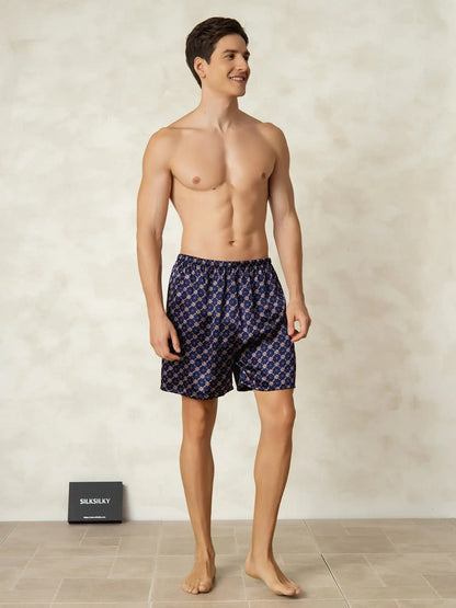 100% Mulberry Silk Navy Chain Print Elastic Waist Men's Sleep Shorts