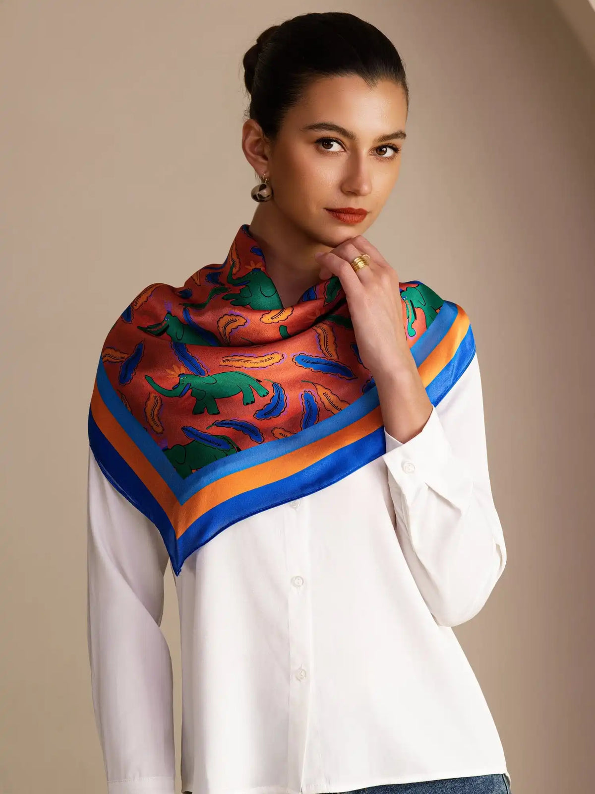 100% Mulberry Silk  Elephant Pattern Scarf - Size 90x90cm
