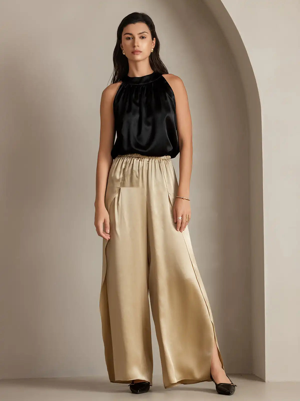 19Momme Silk Fashionable Flowy High-Slit Palazzo Pants