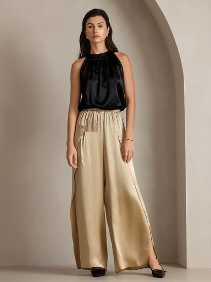 19Momme Silk Fashionable Flowy High-Slit Palazzo Pants