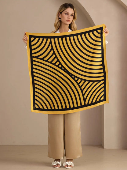 100% Mulberry Silk Semicircular Geometry Printed Scarf - Size 90x90cm