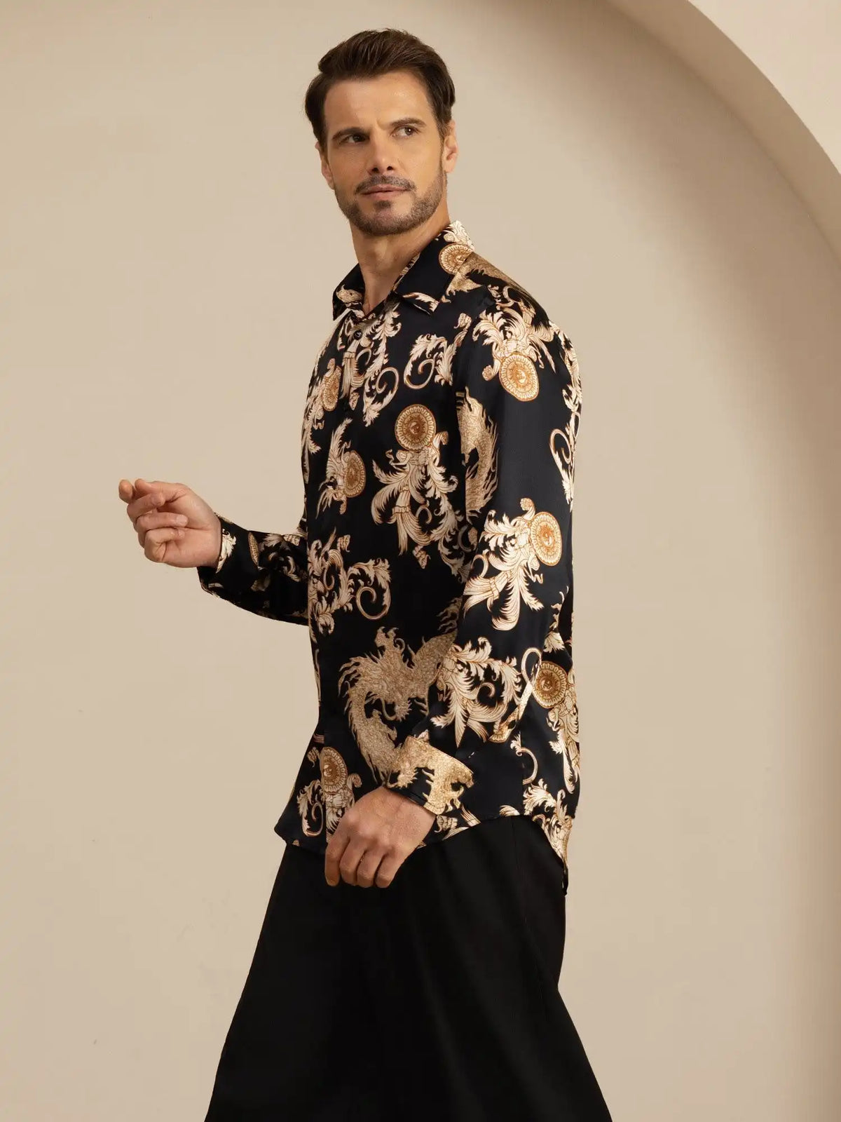 Pure Silk Men's Long Sleeve Lapel Collar Dragon Print Shirt