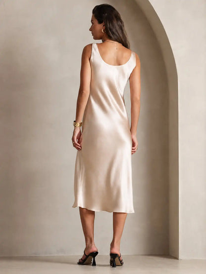 100% Mulberry Silk Sleeveless U Neck Midi Long Dress