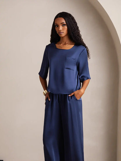 Women's 100% Mulberry Silk Half Sleeve Round Neck Pajamas Set