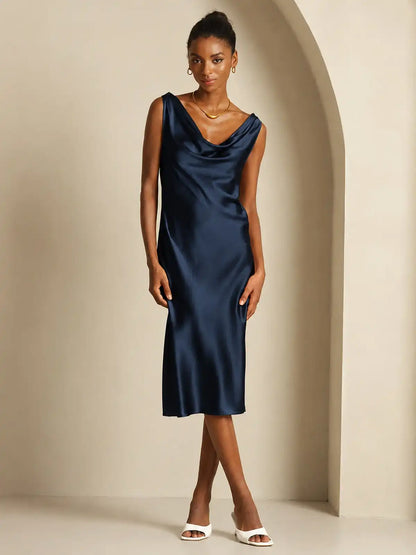 19Momme Silk Sleeveless Cowl Neck Knee Elegant Dress