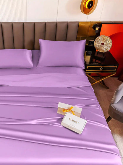 19Momme 4Pcs 100% Mulberry Silk Bedding Set Fitted&Flat Sheets+2x Pillowcases
