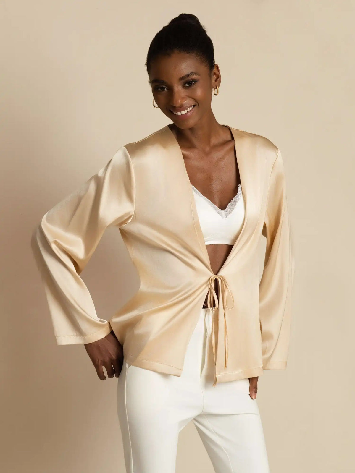 19Momme Silk Relaxed Long Sleeve Tie-Front Cardigan for Women
