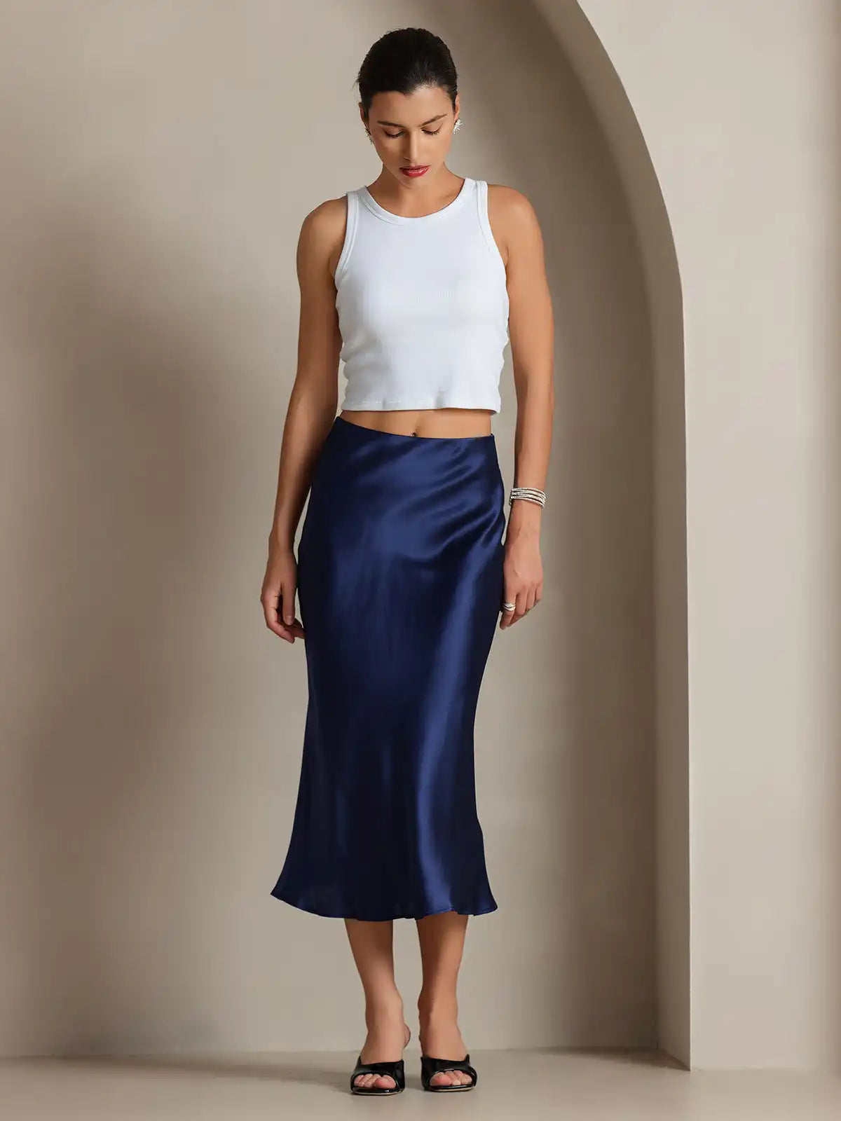 100% Mulberry Silk Stretch Long Straight Skirt