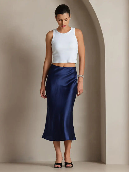 100% Mulberry Silk Stretch Long Straight Skirt
