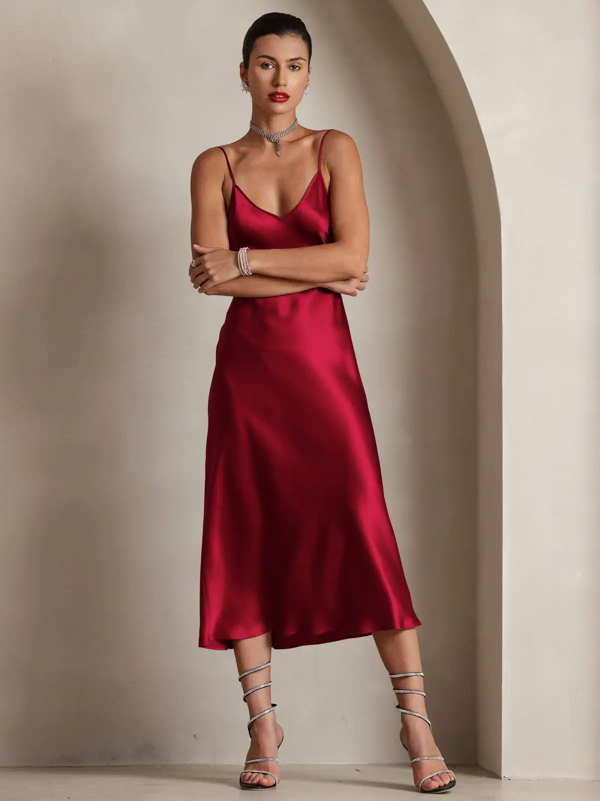 100% Mulberry Silk Spaghetti Strap V Neck Midi Dress