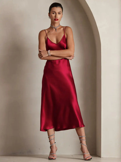 100% Mulberry Silk Spaghetti Strap V Neck Midi Dress