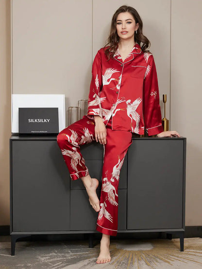19Momme Women's Crane Print Long Sleeve 100% Mulberry Silk Pajamas Set