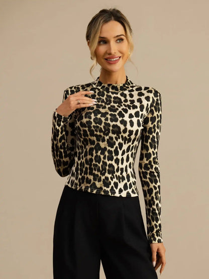 100% Mulberry Silk Wild Animal Print Women's Long Sleeve Mock Neck Top