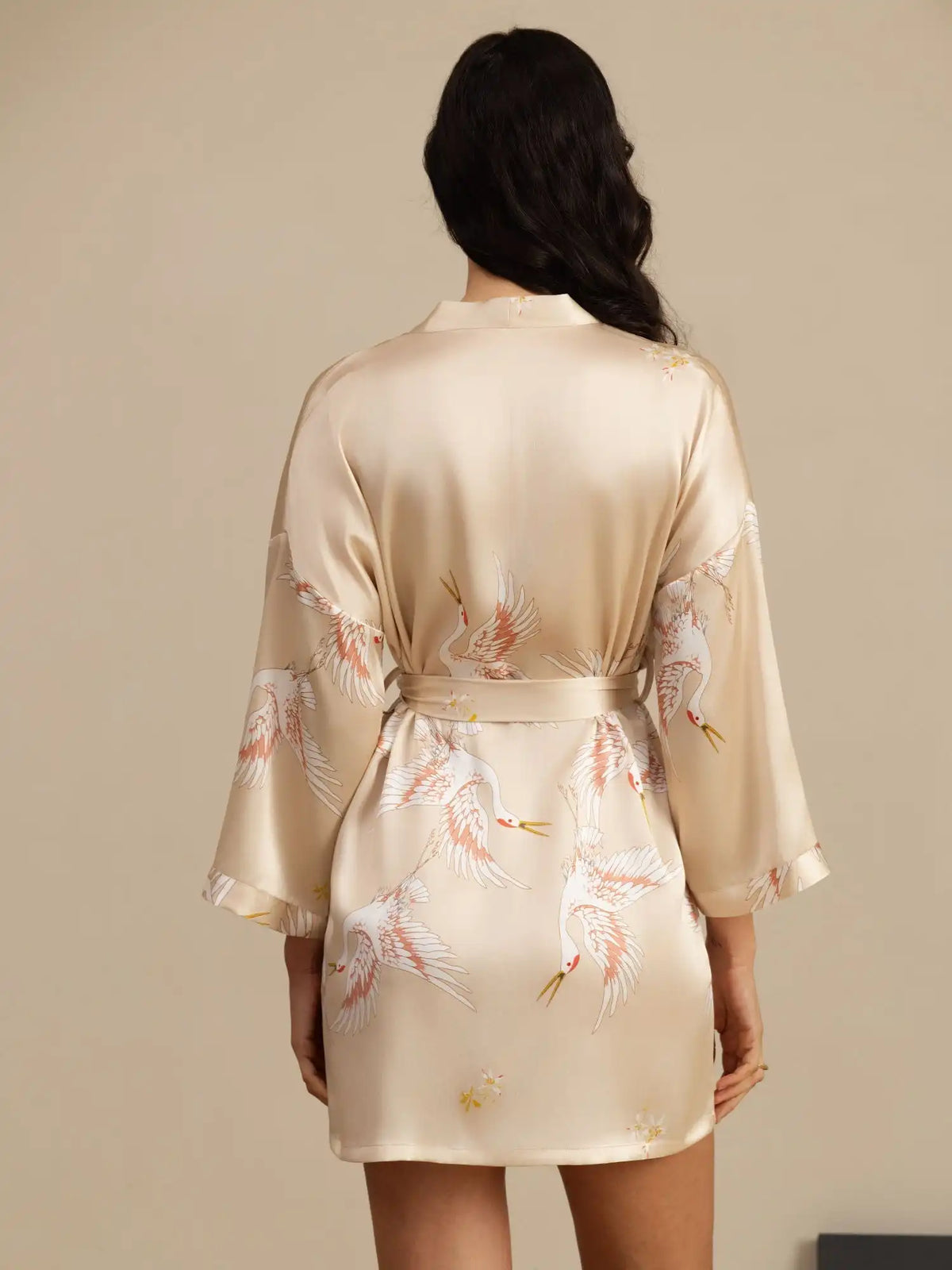 Clearance - 19Momme 100% Mulberry Silk Crane Print 3/4 Sleeve Short Women's Kimono Robe