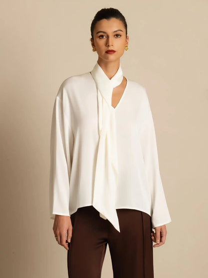 Clearance - 19Momme Silk Women's Asymmetrical Tie V Neck Blouse