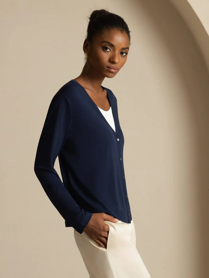 100% Mulberry Silk Women's V-Neck Long Sleeve Basic Cardigan