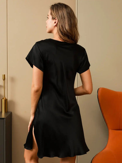 100% Mulberry Silk Short Sleeve V-neck Side Split Short Nightgown