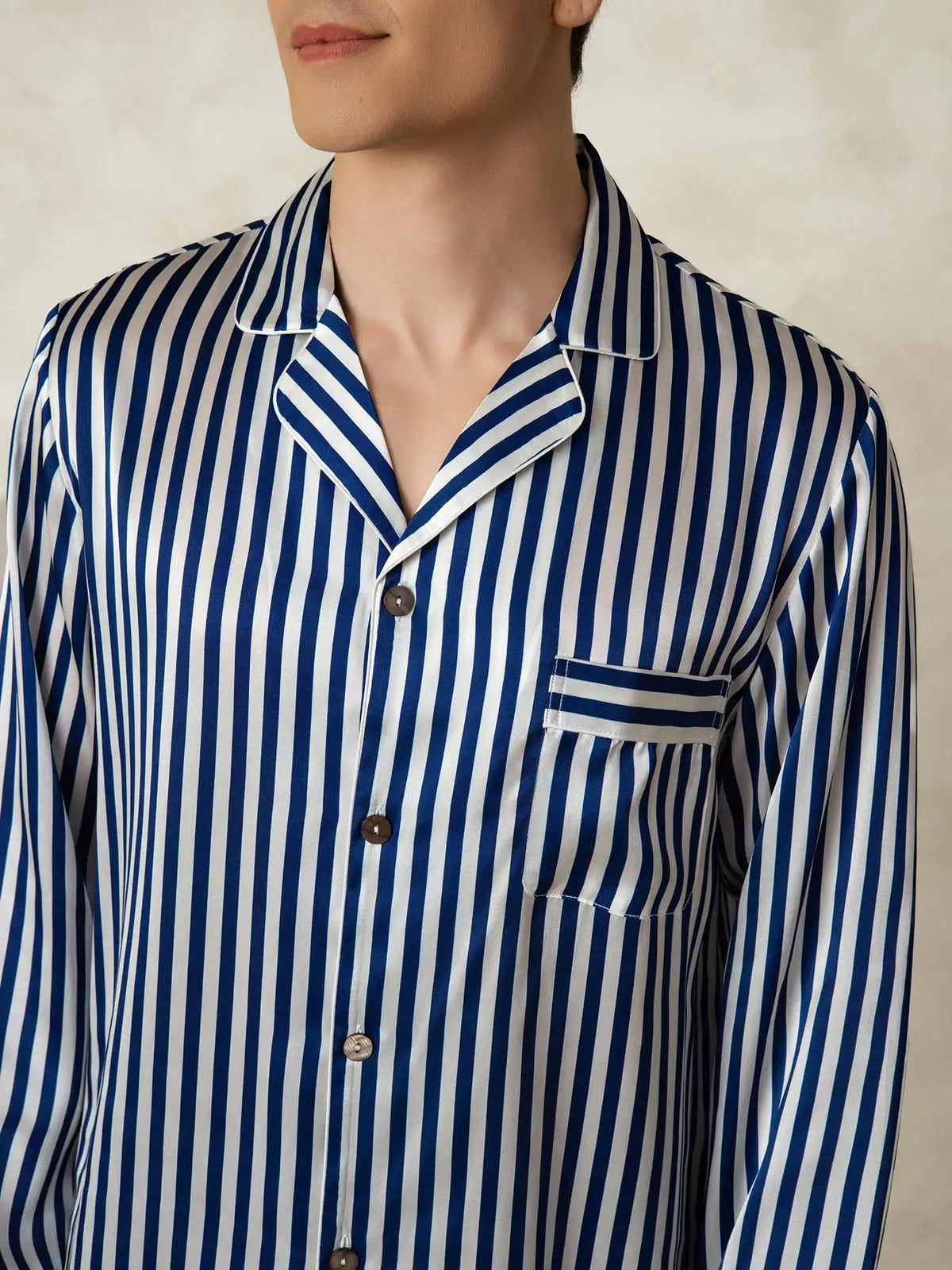 Men's 100% Mulberry Silk Stripe Print Long Sleeve Lapel Collar Pajamas Set